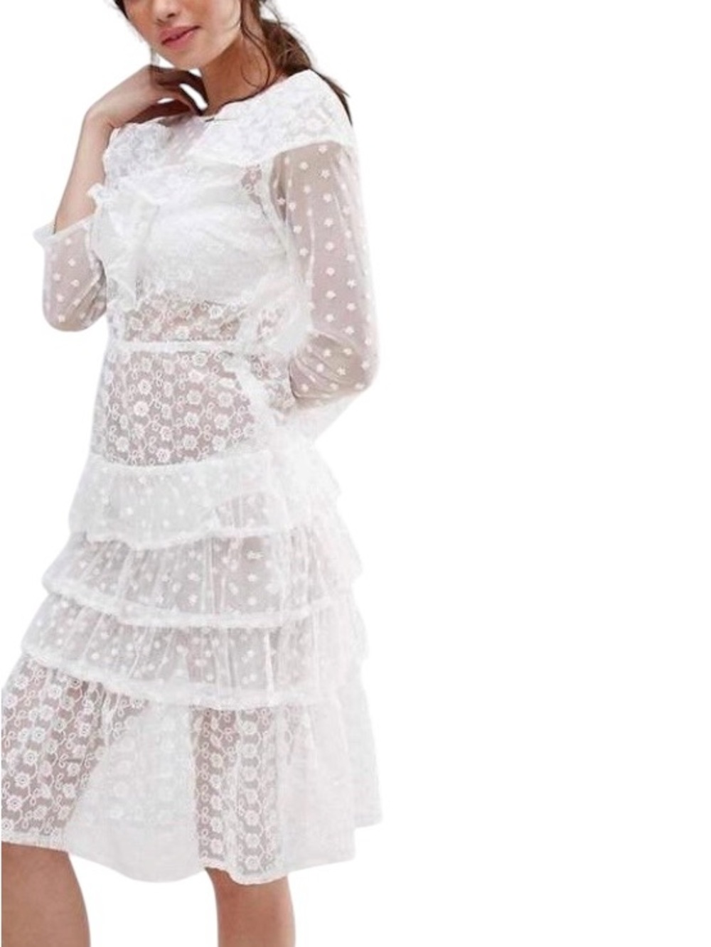 Misguided white & cream floral embroidered sheer mesh tiered midi dress size 6